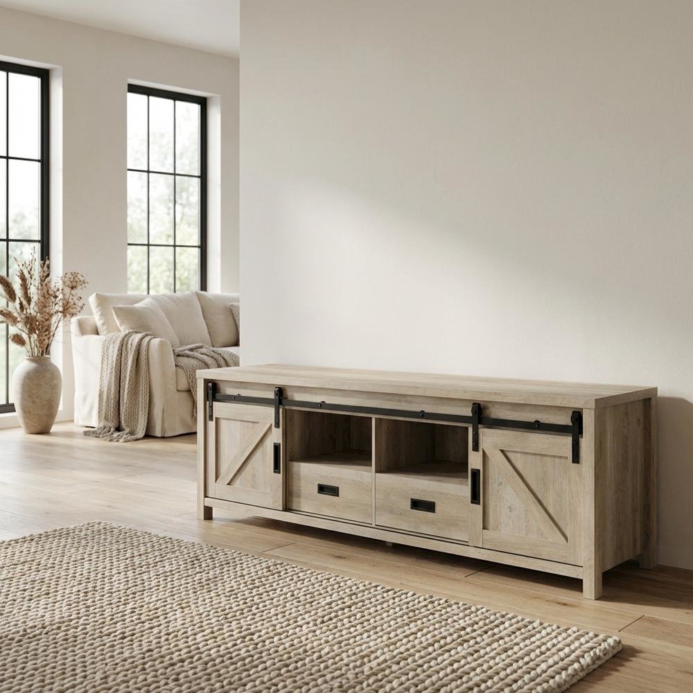 Brown Wood 2-Door TV Stand with Farmhouse Design and Distressed Finish. Picture 3
