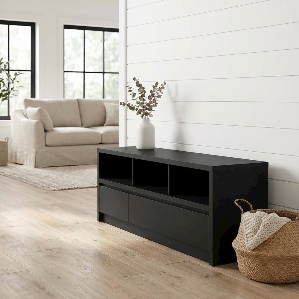 Black 59-Inch TV Stand with 3 Drawers and Contemporary Style. Picture 2