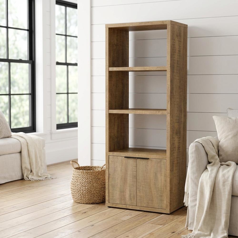 Farmhouse Style Brown Wood Media Tower With 3 Shelves For Living Room Storage. Picture 2