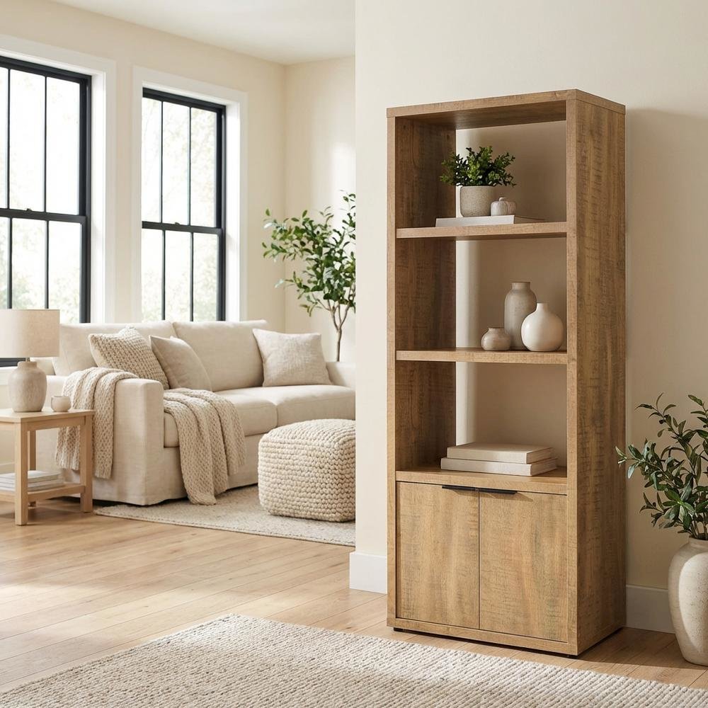 Farmhouse Style Brown Wood Media Tower With 3 Shelves For Living Room Storage. Picture 3
