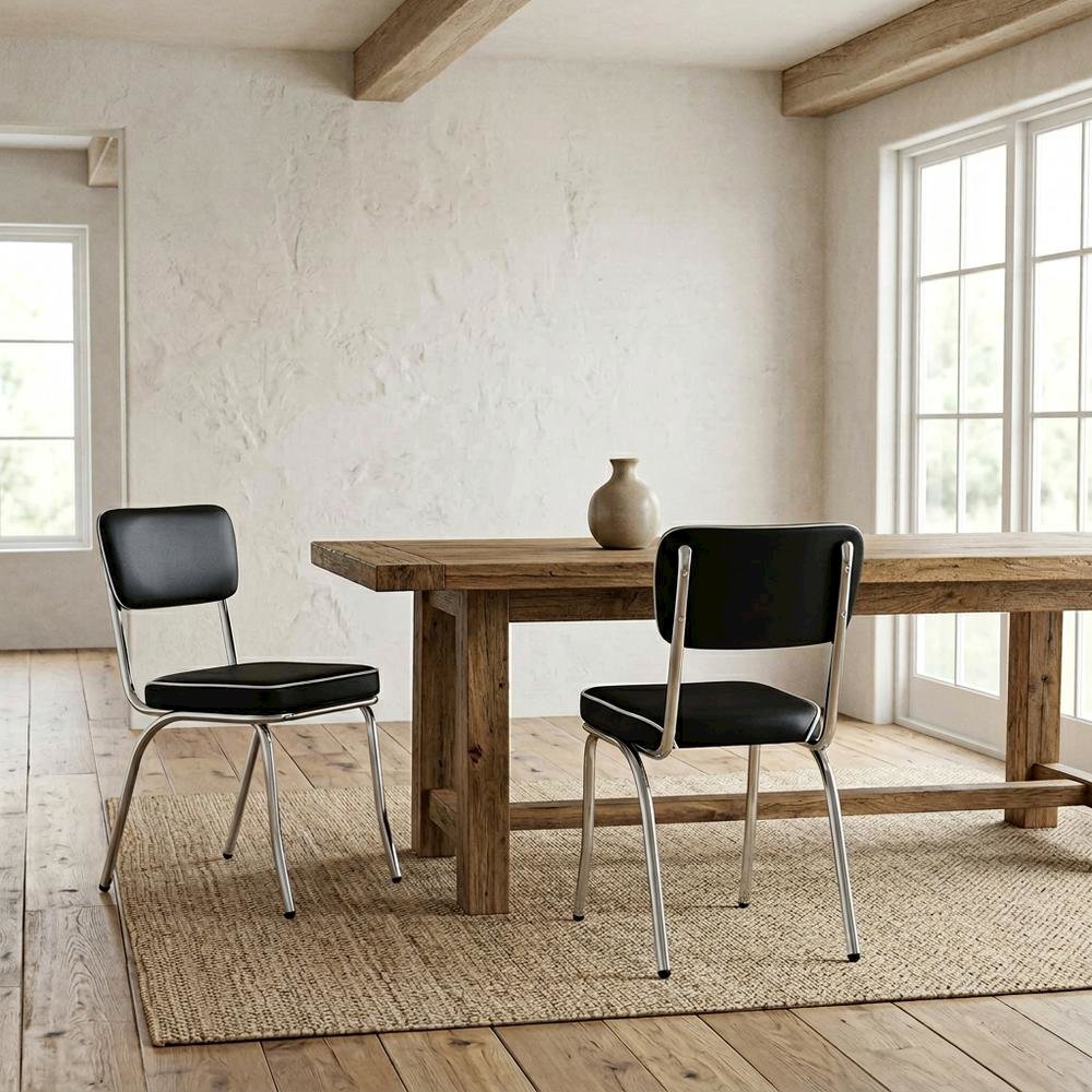 Set of 2 Stylish Black and Chrome Dining Chairs Inspired by Retro Diner Design. Picture 3