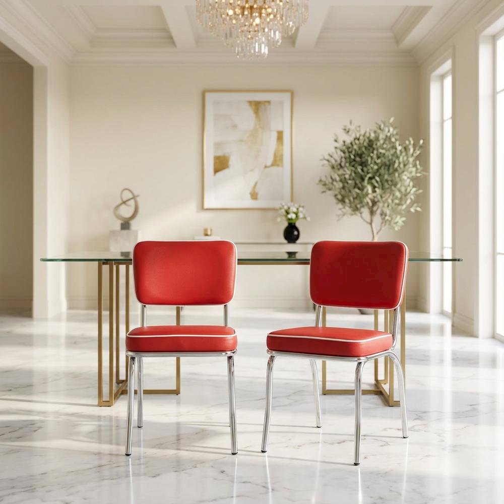 Set of 2 Upholstered Dining Chairs in Red with Chrome Legs for Dining. Picture 2