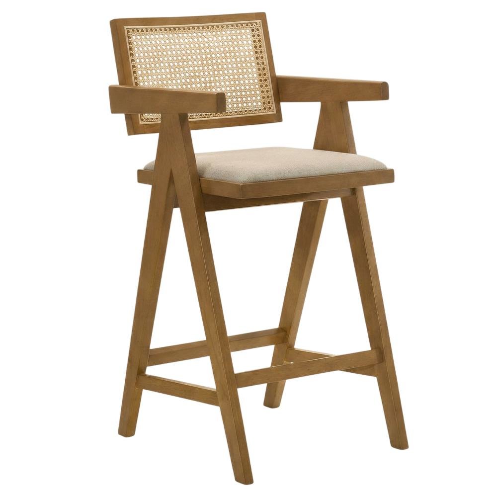 Woven Rattan Wood Bar Stool Light Walnut Set of 2 with Mid-Century Modern Design. Picture 4