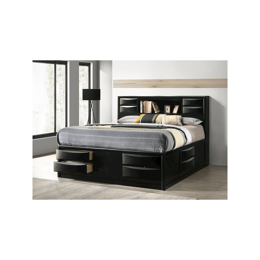 Briana Wood Eastern King Storage Bookcase Bed Black. Picture 8