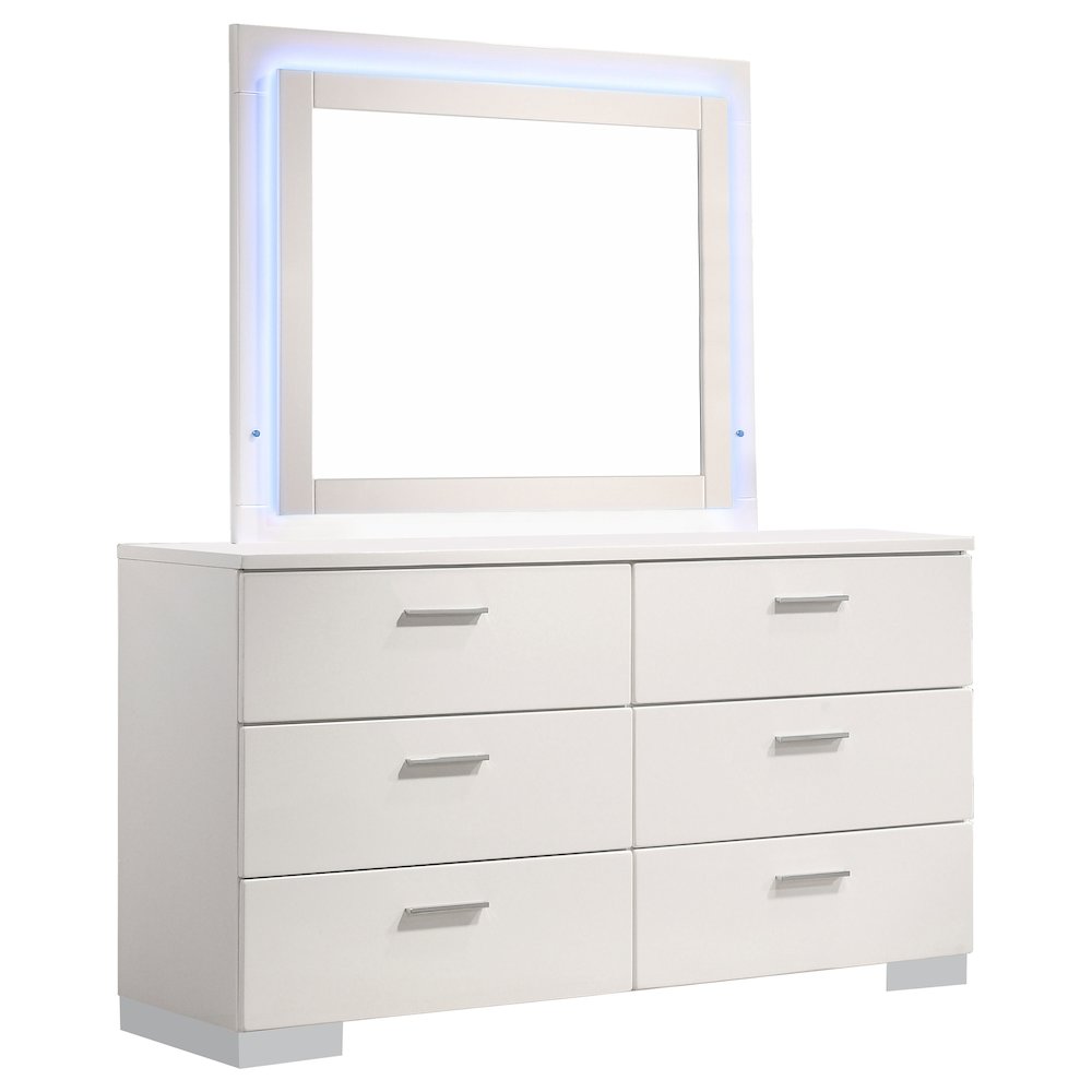 Felicity 6-drawer Dresser with LED Mirror White High Gloss. Picture 2