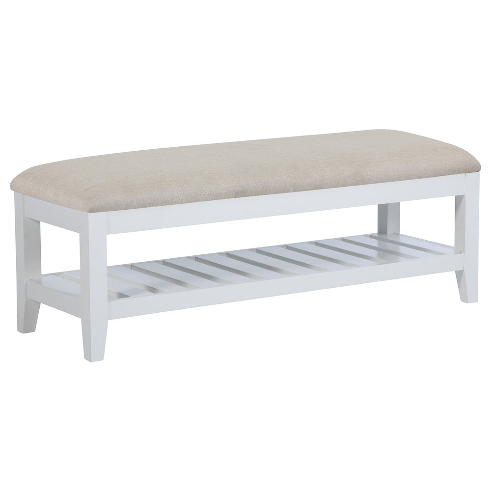 Bexhill Upholstered Rectangular Bench with Shelf White. Picture 2