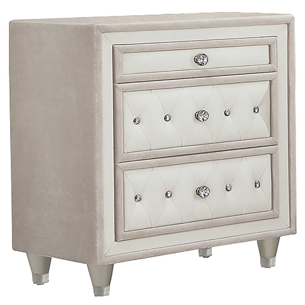Antonella Upholstered 3-drawer Nightstand Ivory and Camel. Picture 2