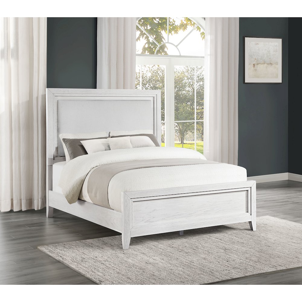 Marielle Queen Upholstered Panel Bed Distressed White. Picture 6