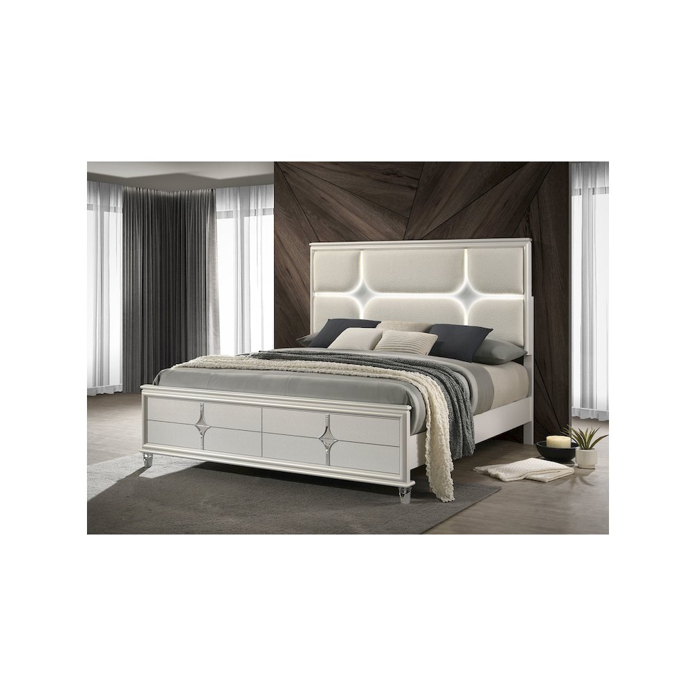 Olivia Queen Panel Bed LED Headboard Pearl White. Picture 6