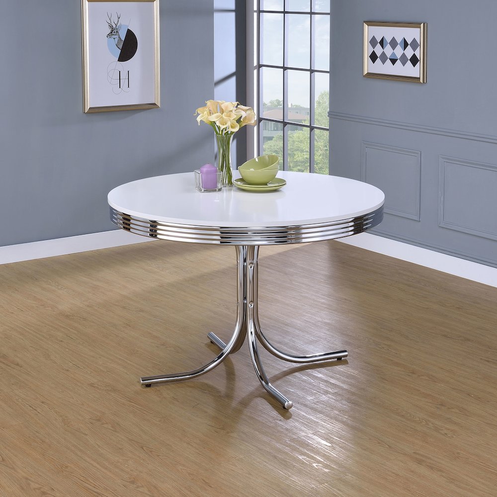 Retro Round 42-inch Wood Top Dining Table White and Chrome. Picture 4