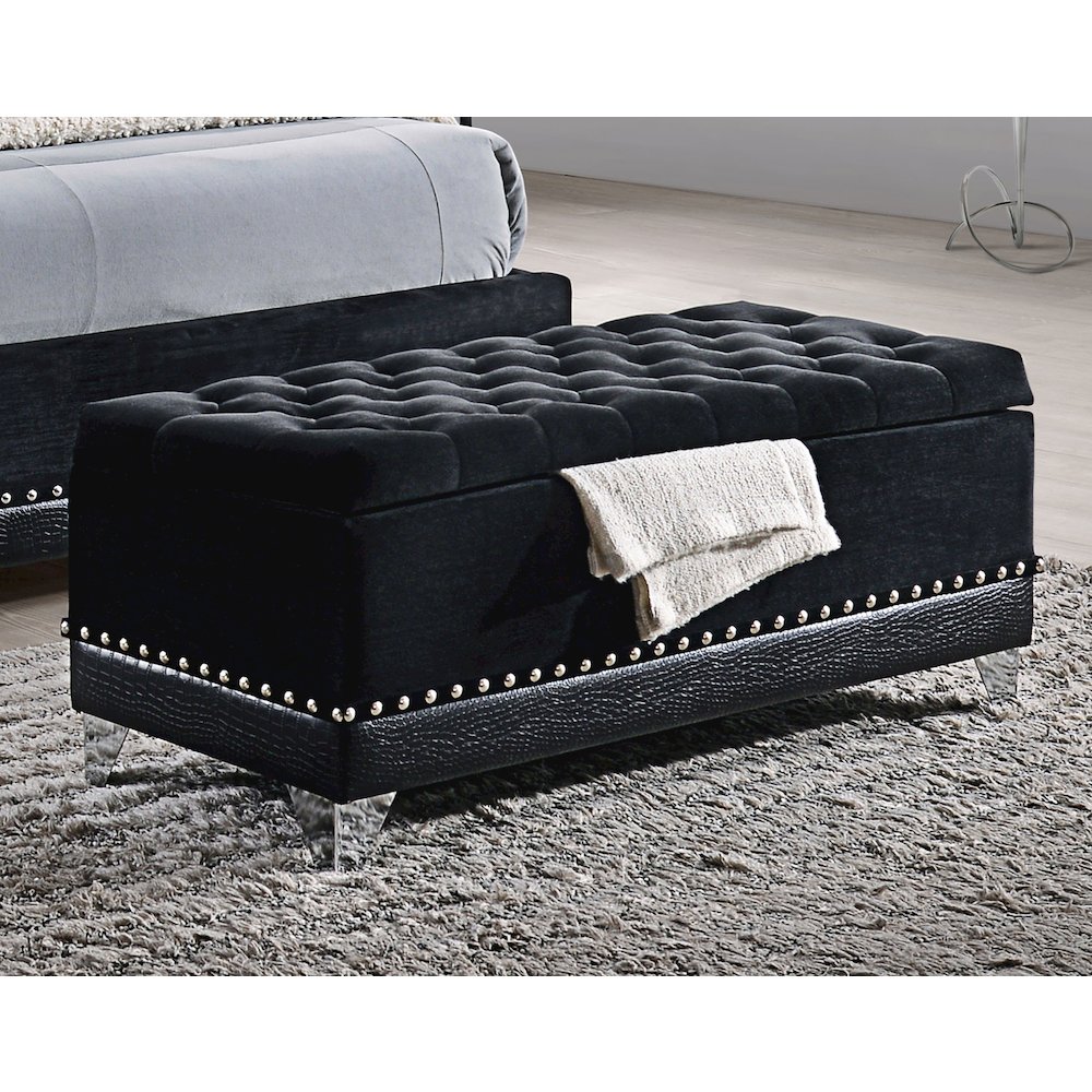Barzini Velvet Upholstered Tufted Storage Bench Black. Picture 4