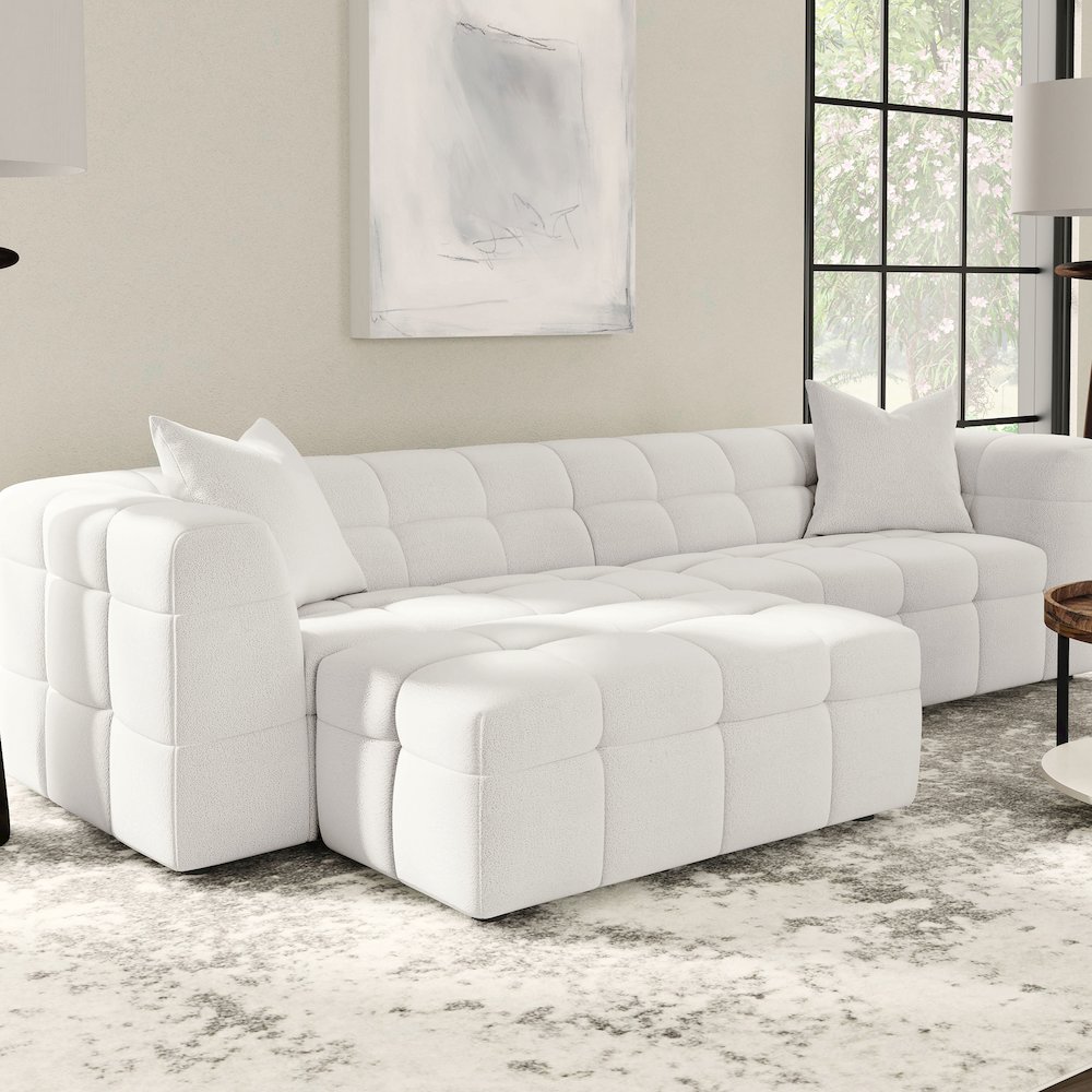 Everly Boucle Upholstered Rectangular Ottoman Off White. Picture 7