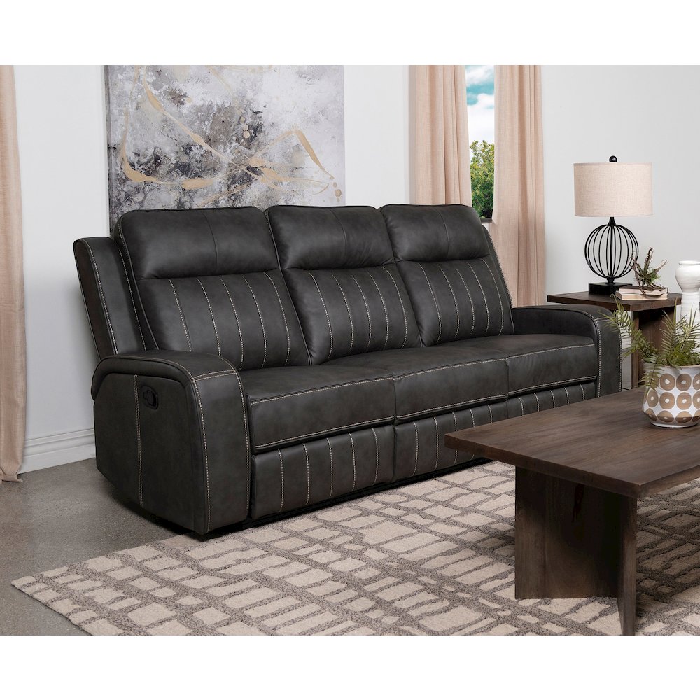 Raelynn Upholstered Track Arm Motion Sofa Grey. Picture 9