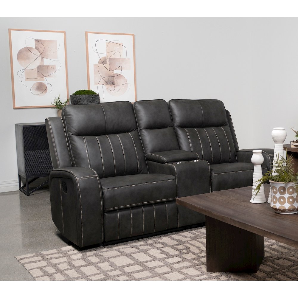 Raelynn Upholstered Track Arm Motion Loveseat Grey. Picture 9