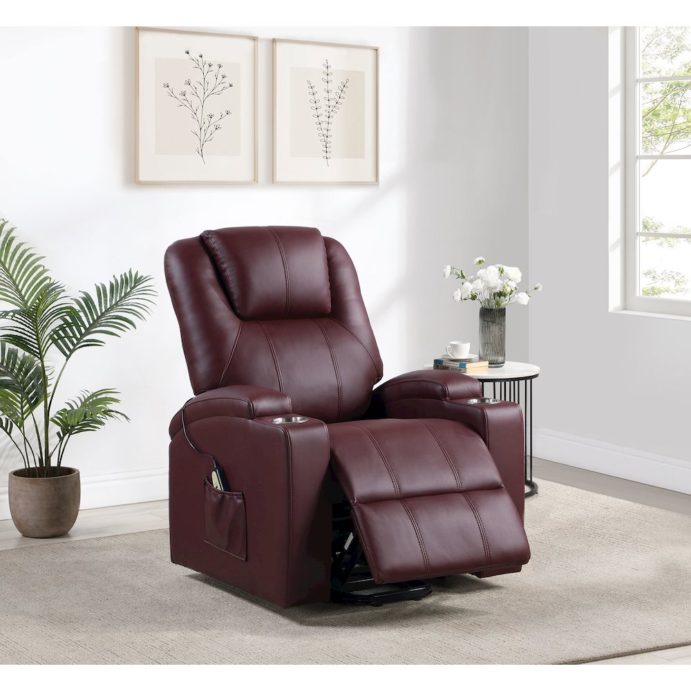 Armstrong Upholstered Power Lift Massage Recliner Wine Red. Picture 11