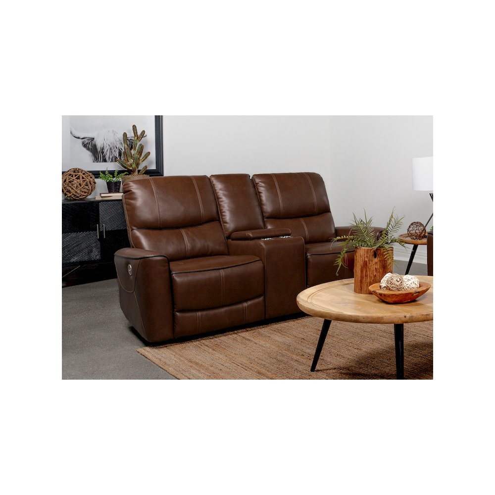 Greenfield Upholstered Power Reclining Loveseat Saddle Brown. Picture 9