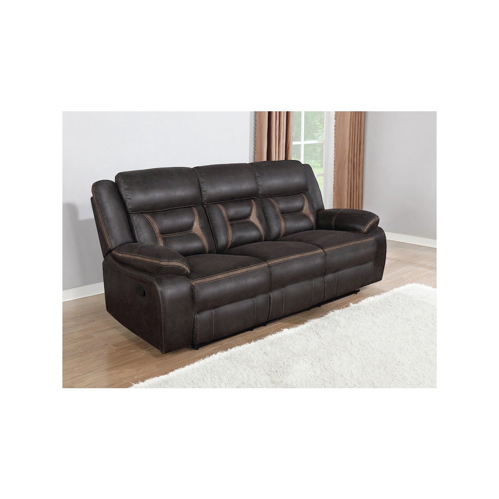 Greer Upholstered Motion Reclining Sofa Brown. Picture 4