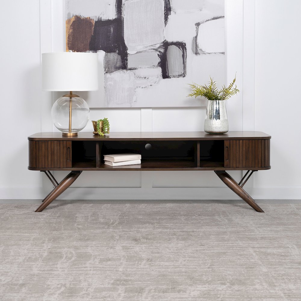 Valna Wood 71" TV Stand with Sliding Doors Walnut. Picture 8