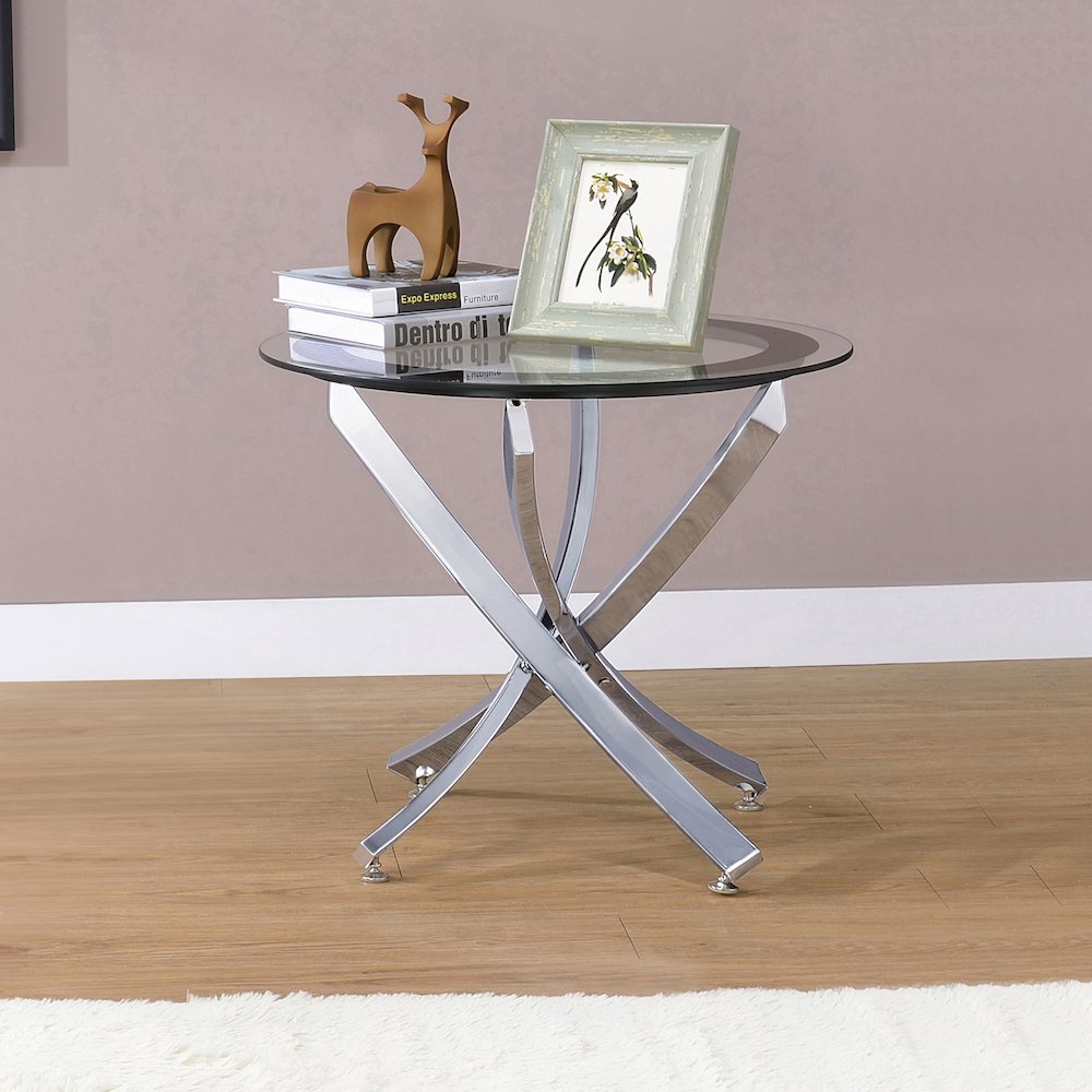 Brooke Round Glass Top Side End Table Metal Base Chrome. Picture 4