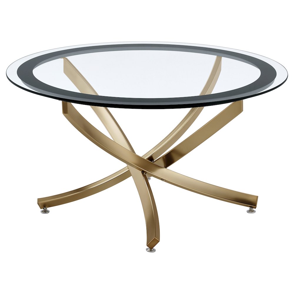 Brooke Round Glass Top Coffee Table Metal Base Brass. Picture 2