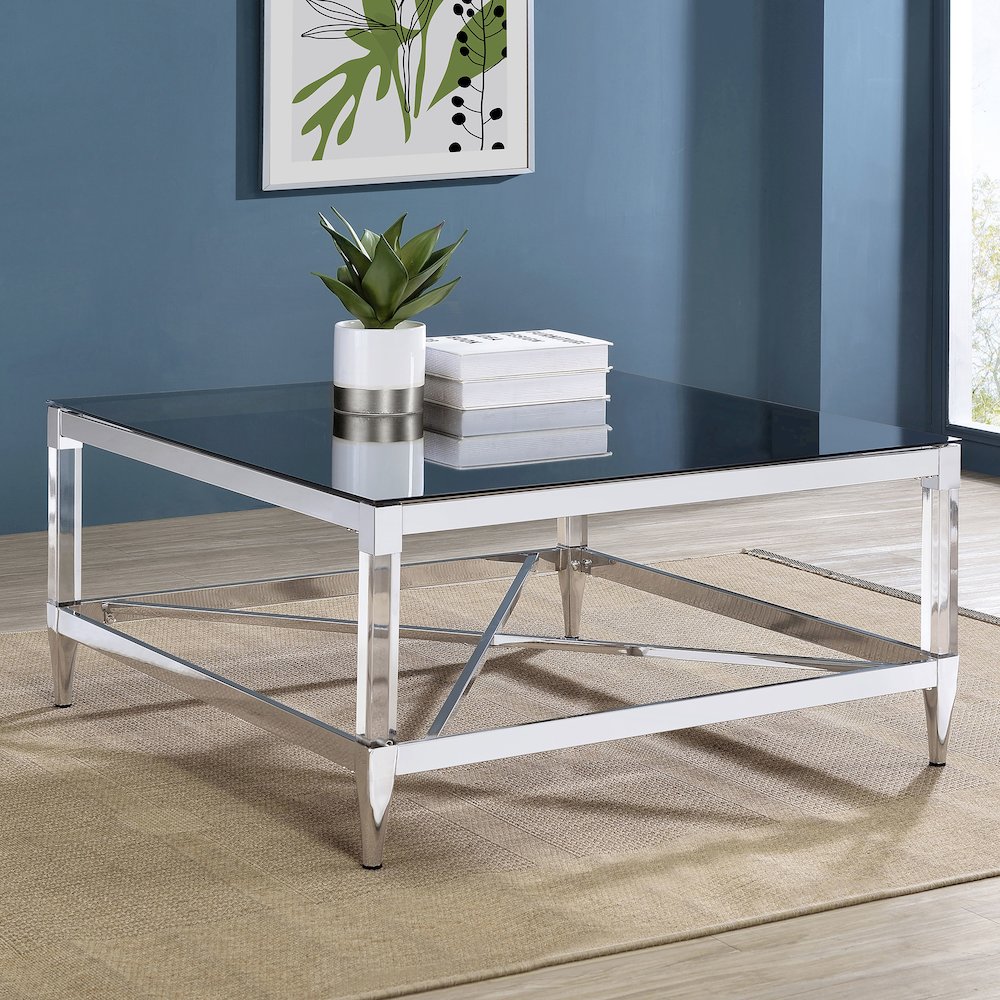 Lindley Square Tempered Mirror Acrylic Coffee Table Chrome. Picture 9