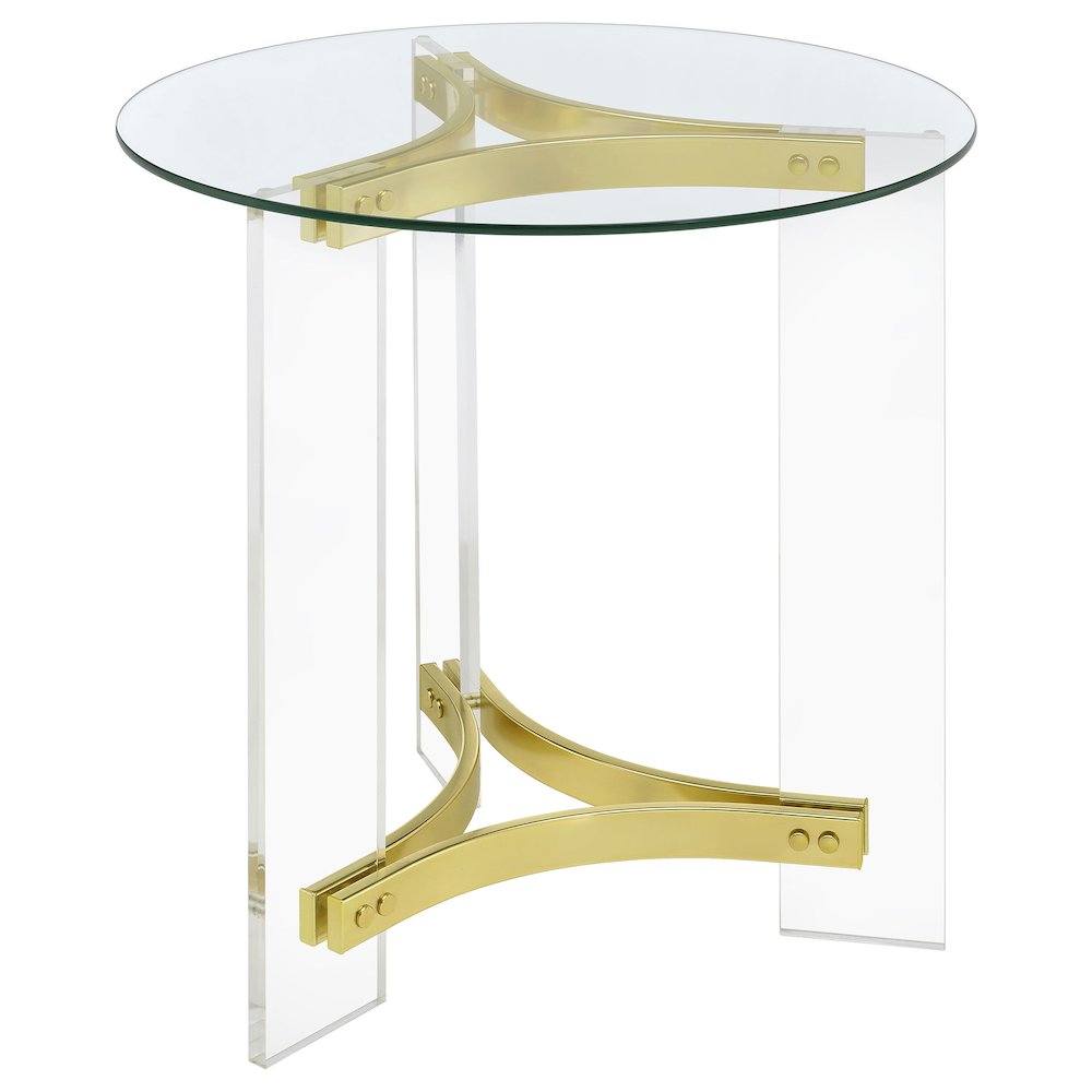 Janessa Round Glass Top Acrylic Leg End Table Matte Brass. Picture 2