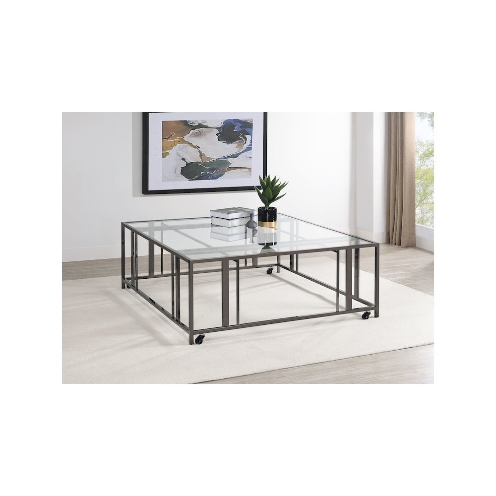 Adri Square Glass Top Coffee Table with Casters Black Nickel. Picture 7