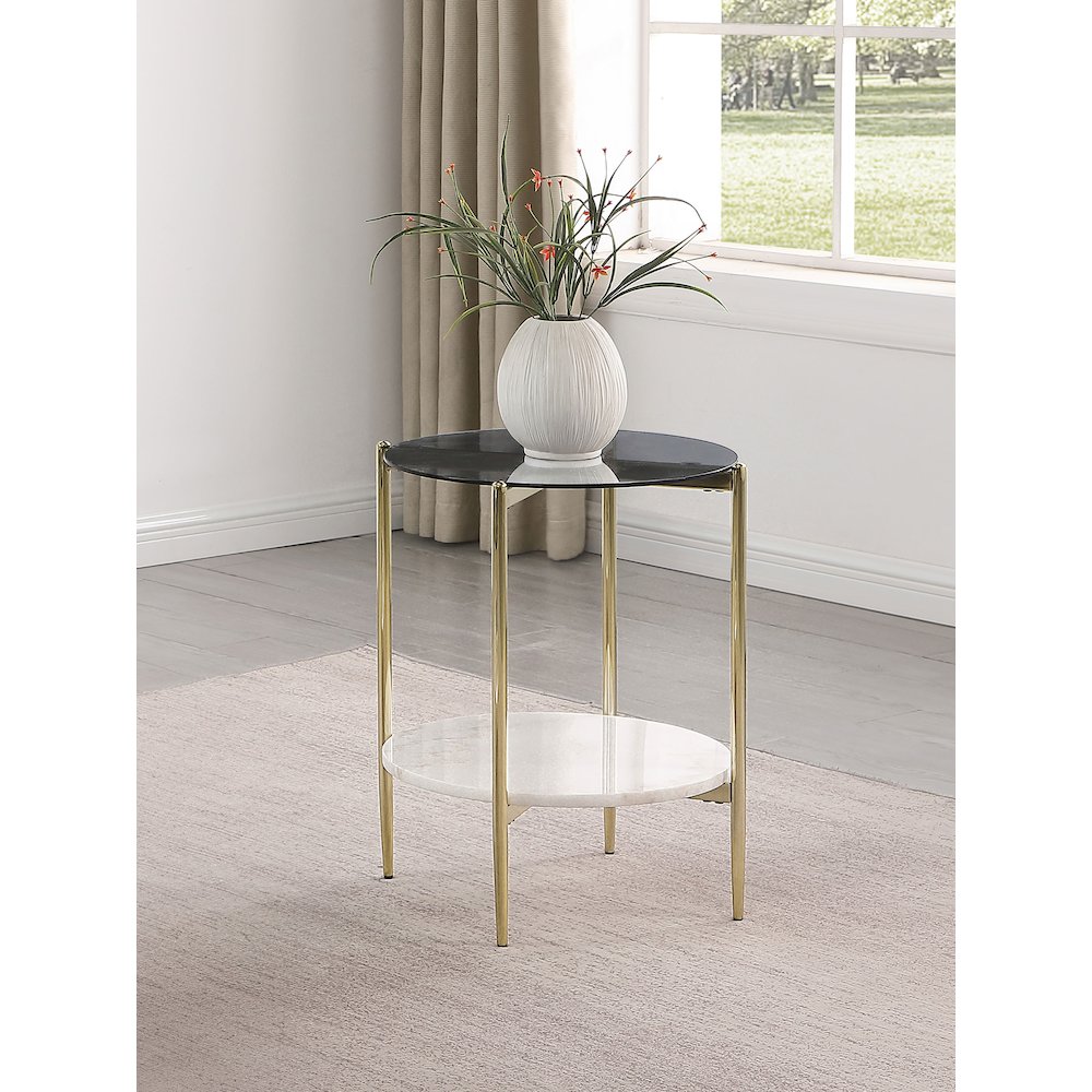 Jonelle Round Glass Top End Table White Marble Shelf Gold. Picture 6