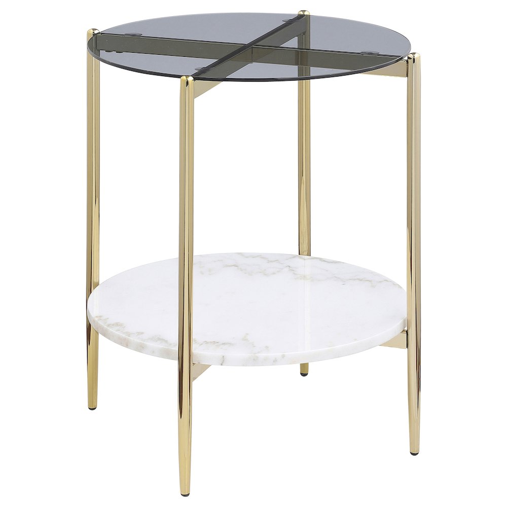 Jonelle Round Glass Top End Table White Marble Shelf Gold. Picture 2