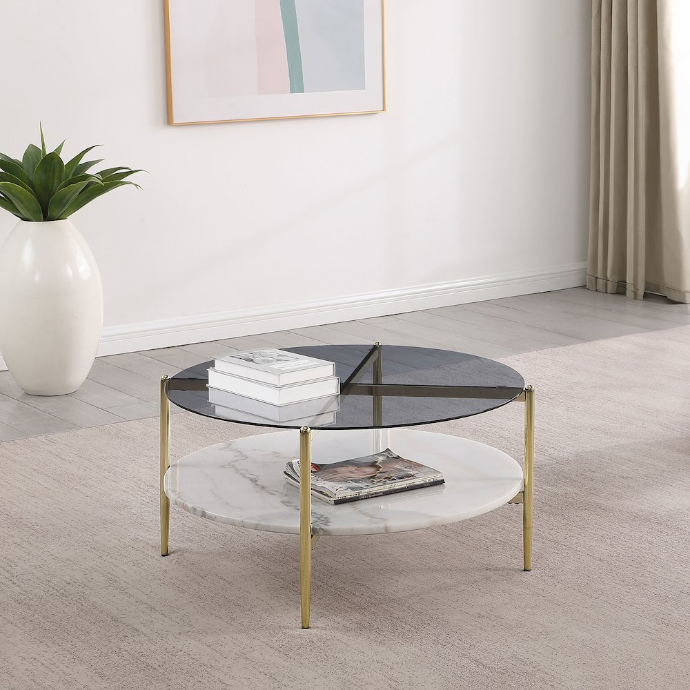 Jonelle Round Glass Top Coffee Table White Marble Shelf Gold. Picture 6