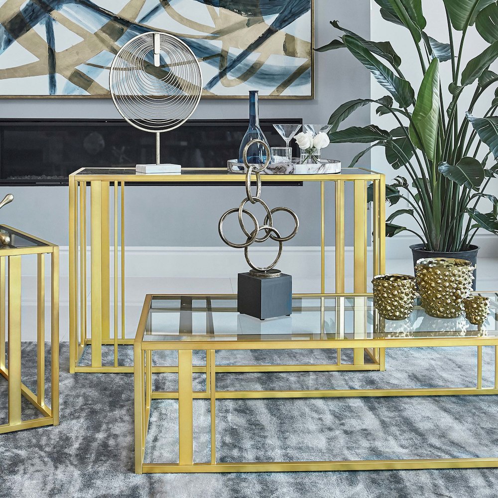 Adri Glass Top Entryway Sofa Console Table Matte Brass. Picture 8