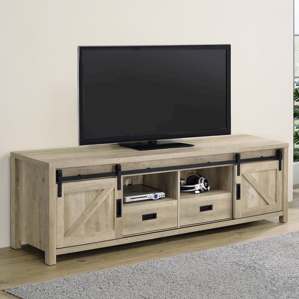 Madra 2-door Engineered Wood 79" TV Stand Distressed Pine. Picture 13