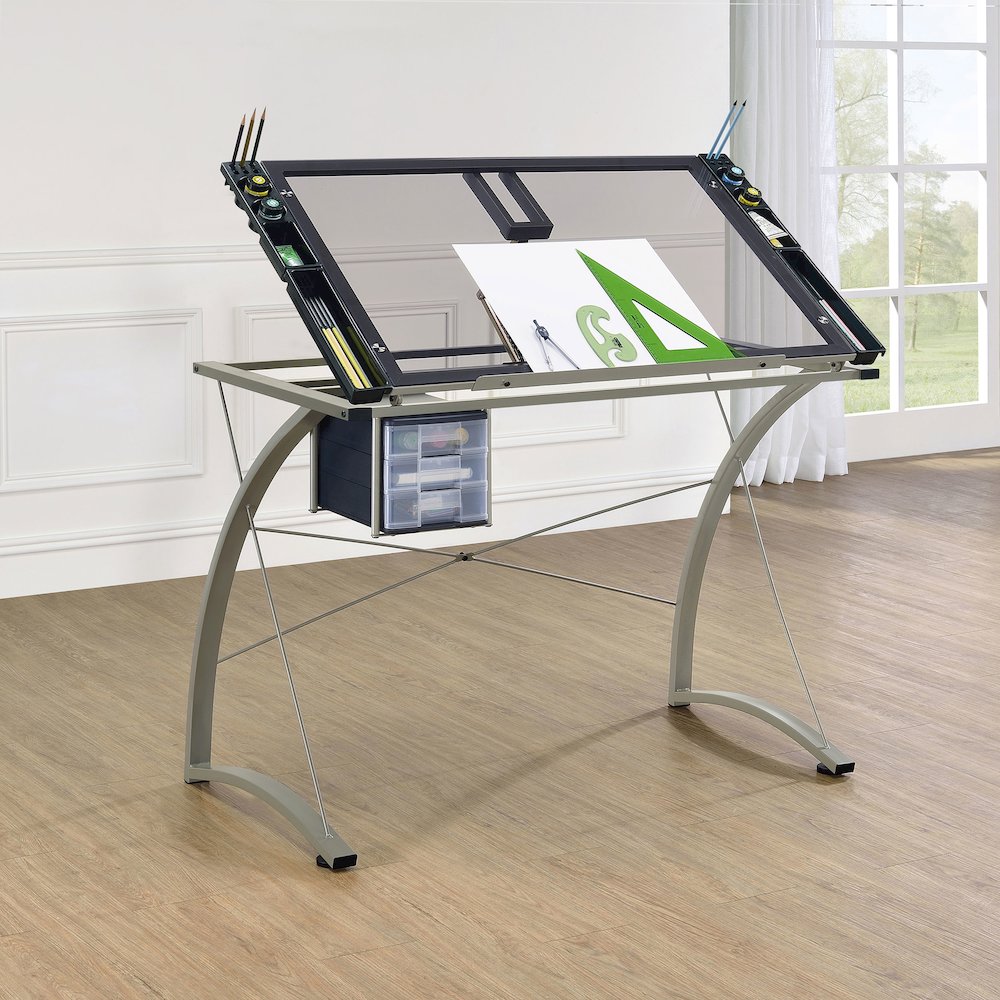 Melo 41-inch Glass Top Drafting Table with Storage Silver. Picture 13