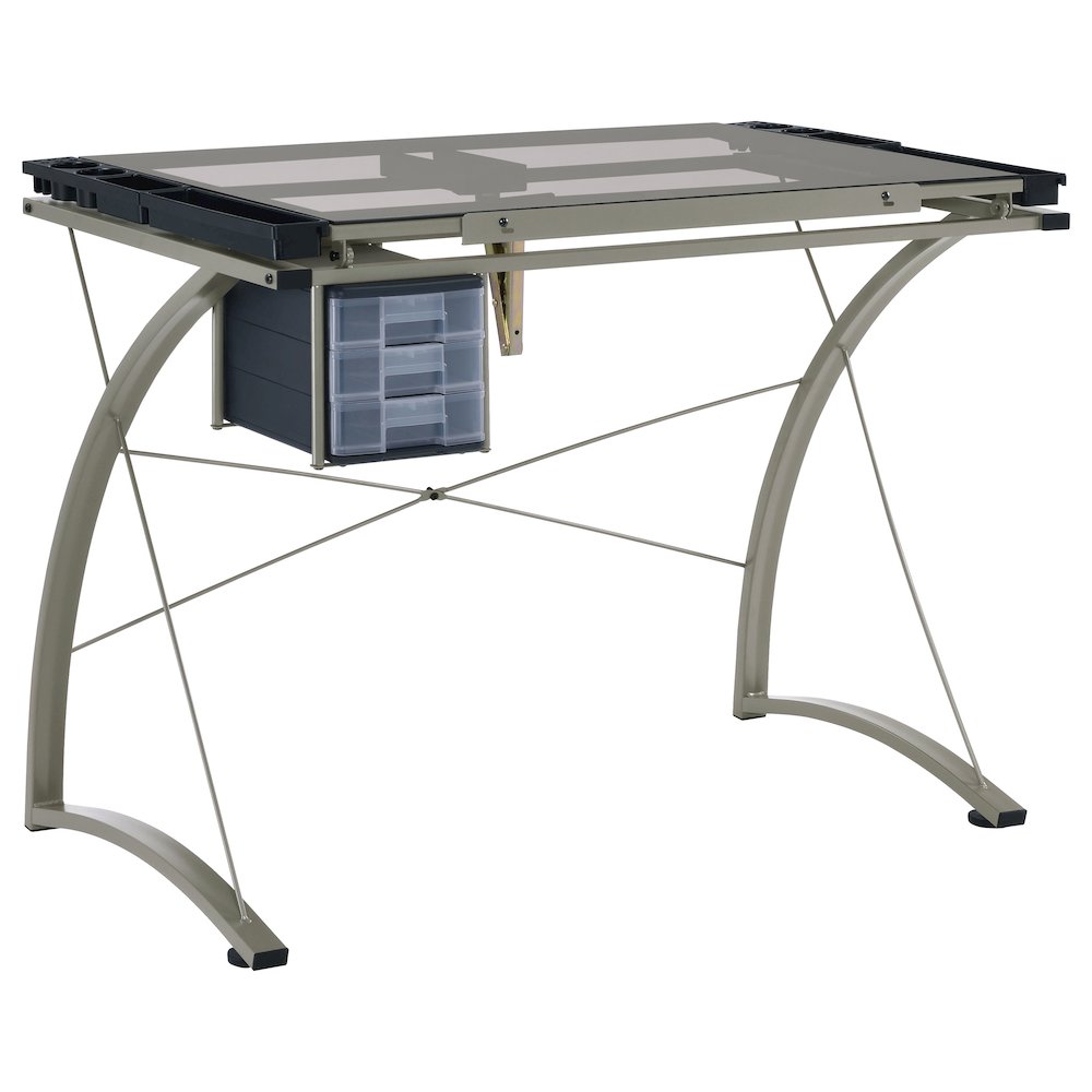 Melo 41-inch Glass Top Drafting Table with Storage Silver. Picture 2