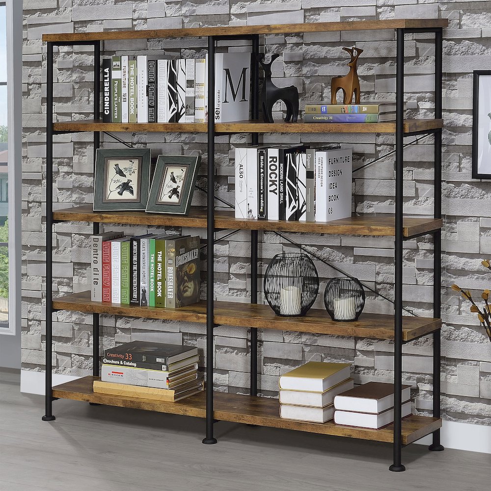 Analiese 63-inch 4-shelf Double Bookshelf Rustic Nutmeg. Picture 9