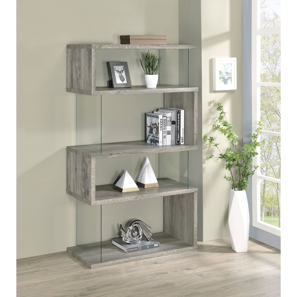 Emelle 63-inch 4-shelf Glass Panel Bookshelf Grey Driftwood. Picture 9