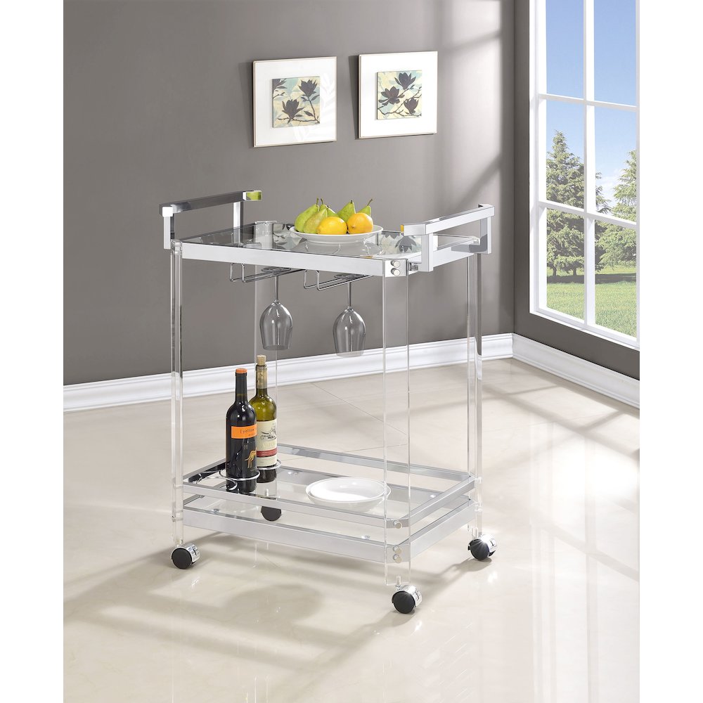 Jefferson 2-tier Glass Shelf Acrylic Bar Cart Chrome. Picture 8
