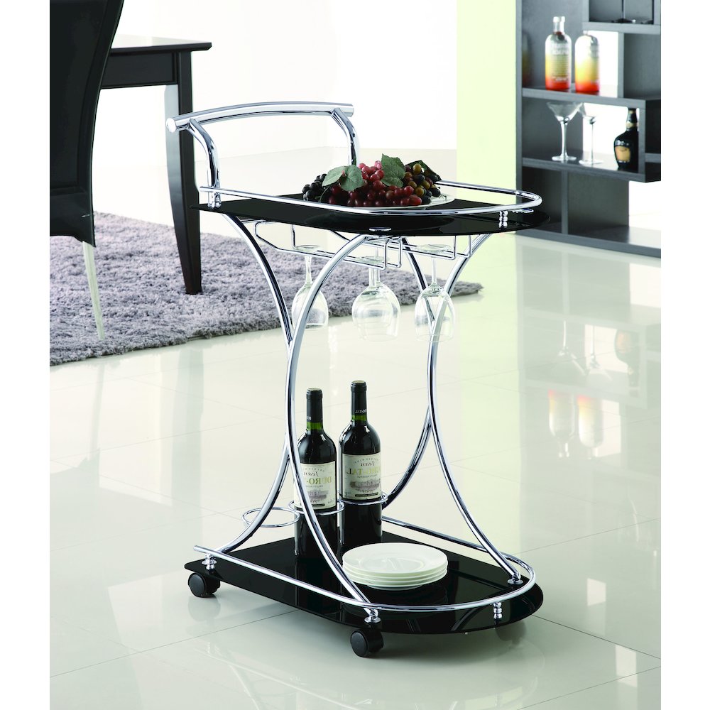 Elfman 2-tier Glass Shelf Metal Bar Cart Black and Chrome. Picture 11