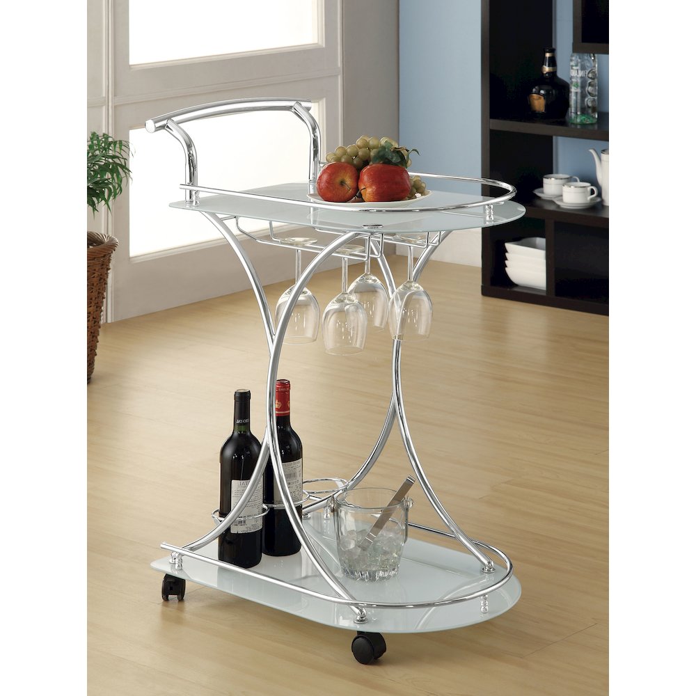 Elfman 2-tier Glass Shelf Metal Bar Cart White and Chrome. Picture 11