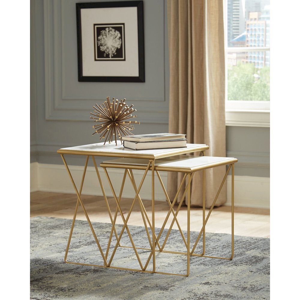 Bette 2-piece Marble Top Nesting Table Set White and Gold. Picture 8