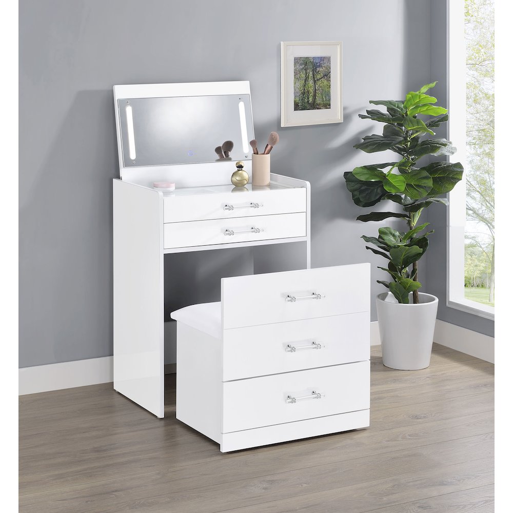 Danbury 3-drawer Makeup Vanity & Stool Set White High Gloss. Picture 14