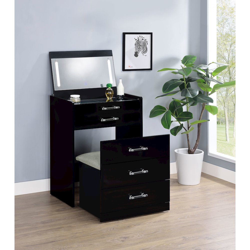 Danbury 3-drawer Makeup Vanity & Stool Set Black High Gloss. Picture 14