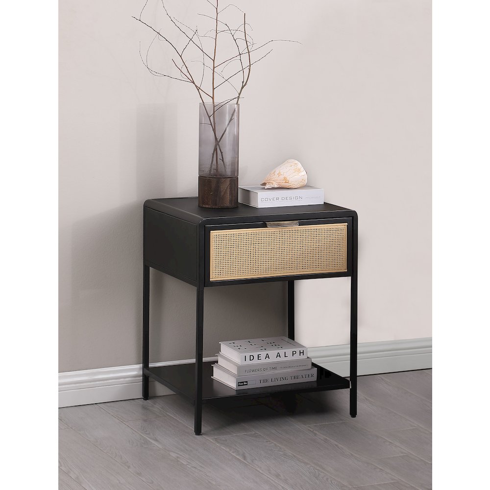 Amherst 1-drawer Radio Weave Cane Metal Bedside Table Black. Picture 10