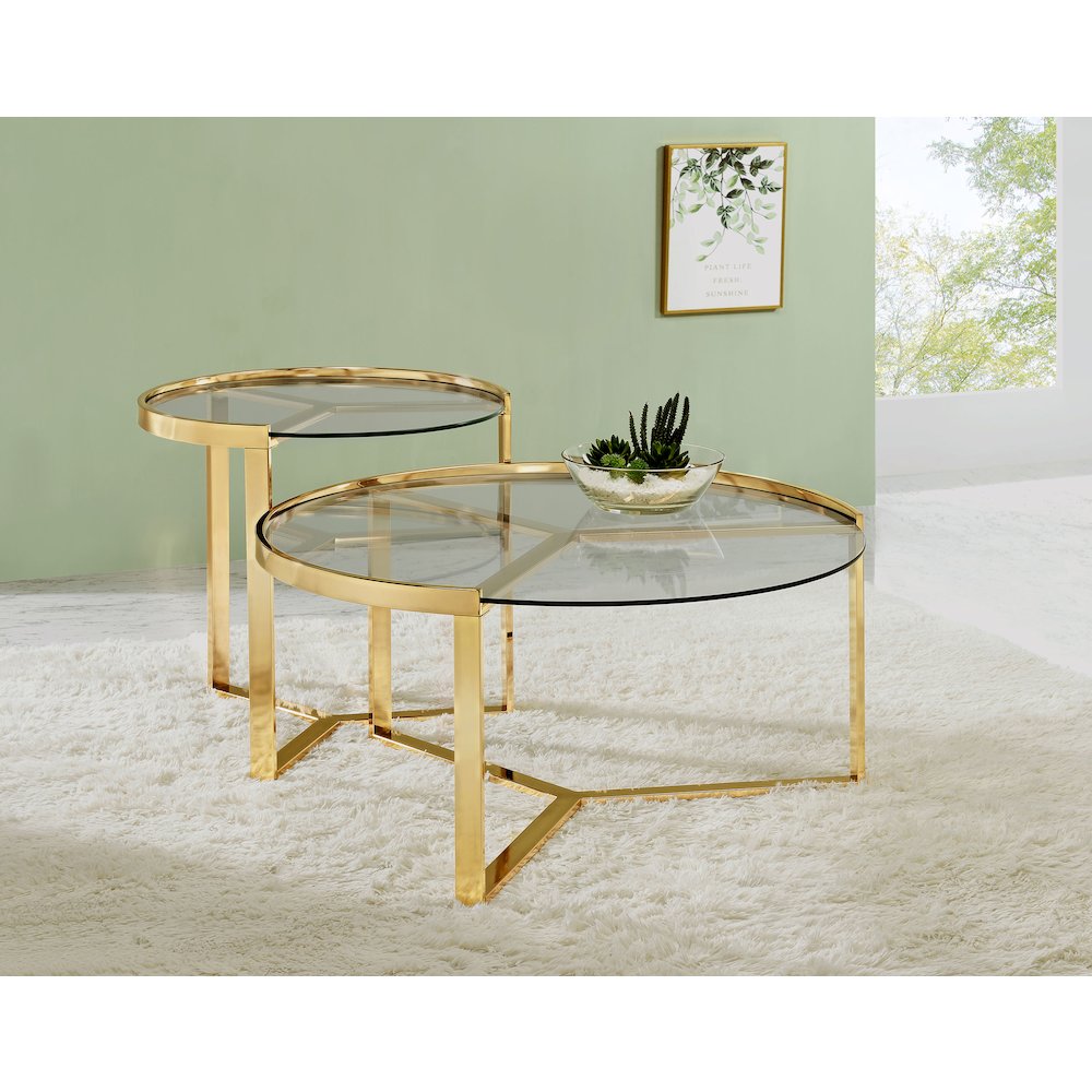 Delia 2-Piece Round Glass Top Nesting Coffee Table Gold. Picture 10