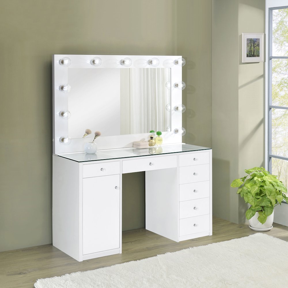 Acena 7-drawer Vanity Set with Lighting White High Gloss. Picture 5