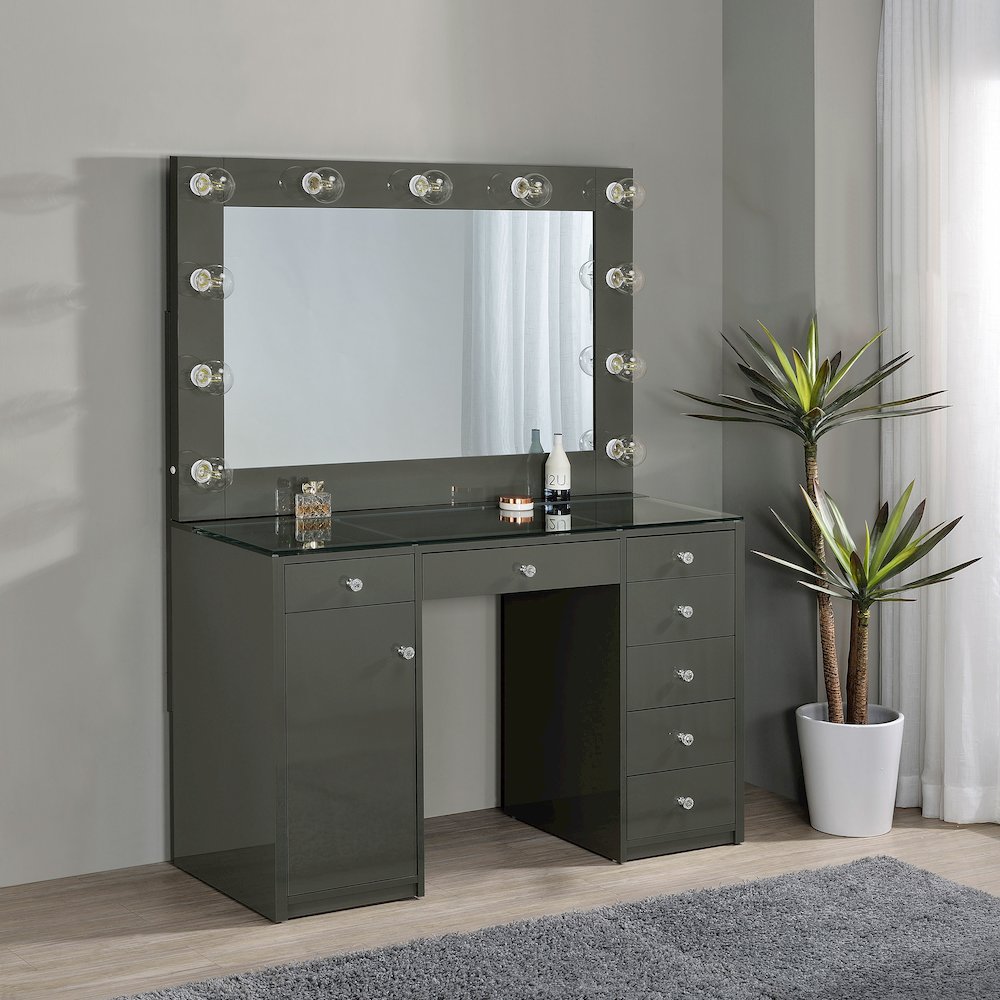 Acena 7-drawer Vanity Set with Lighting Grey High Gloss. Picture 10