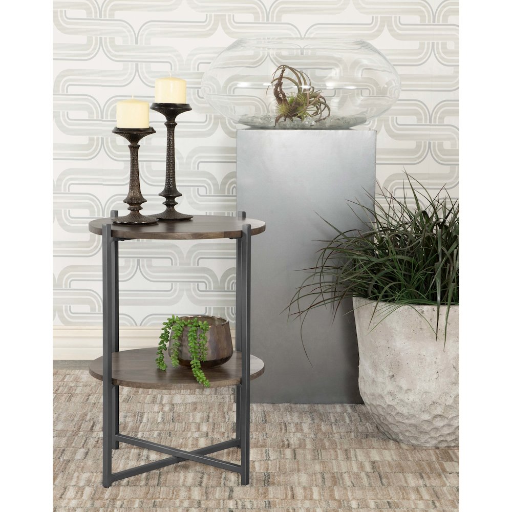 Axel Round Accent Table with Open Shelf Natural and Gunmetal. Picture 5