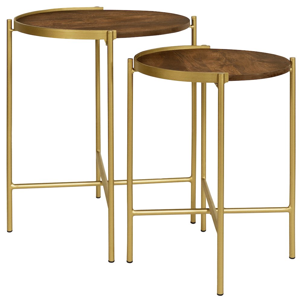Malka 2-piece Round Wood Nesting Table Dark Brown and Gold. Picture 2