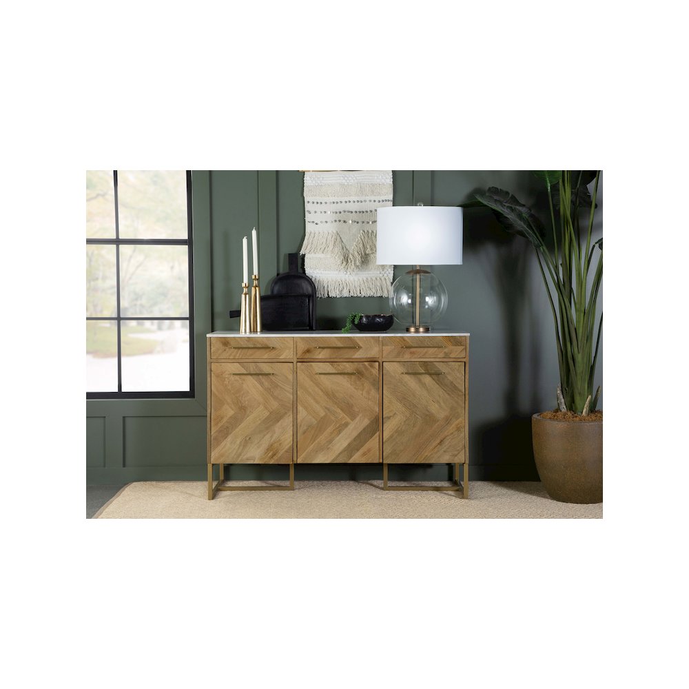 Keaton 3-door Marble Top Herringbone Accent Cabinet Natural. Picture 12