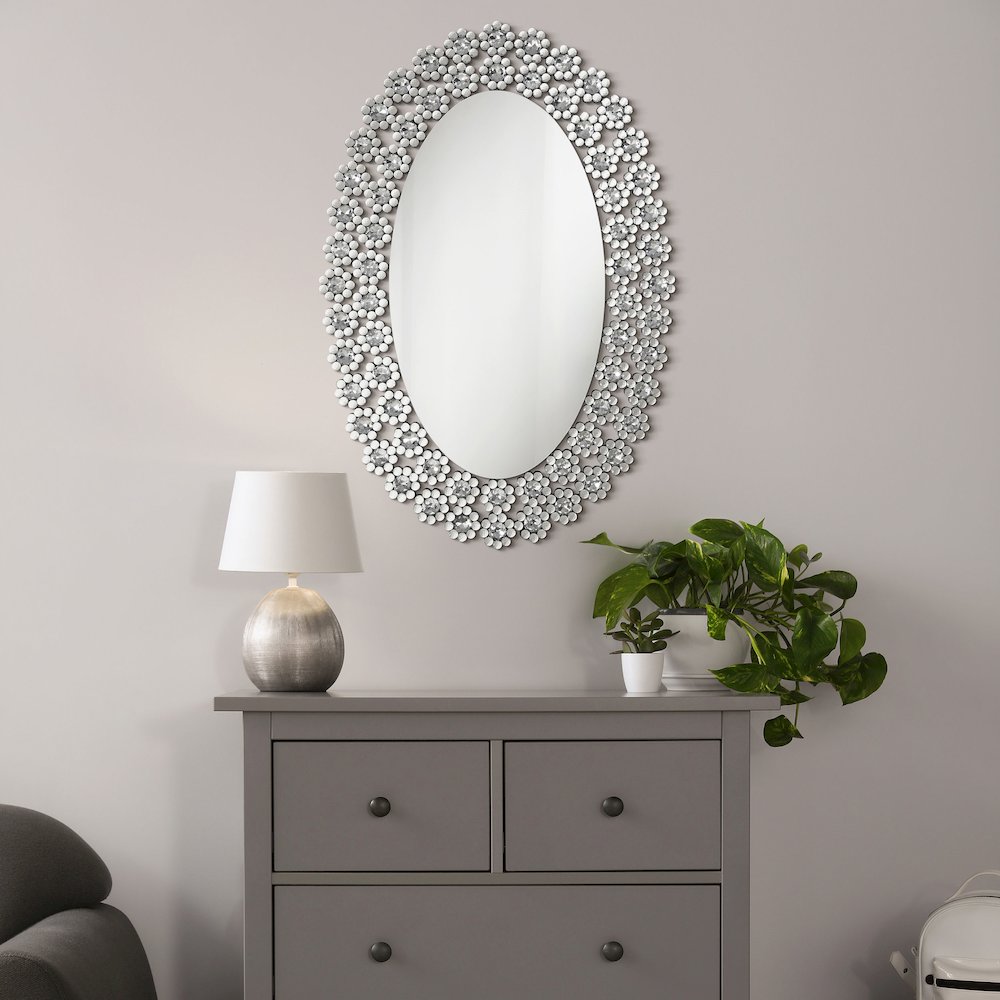 Colleen 31 x 47 Inch Oval Wall Mirror Crystal Flowers Silver. Picture 7